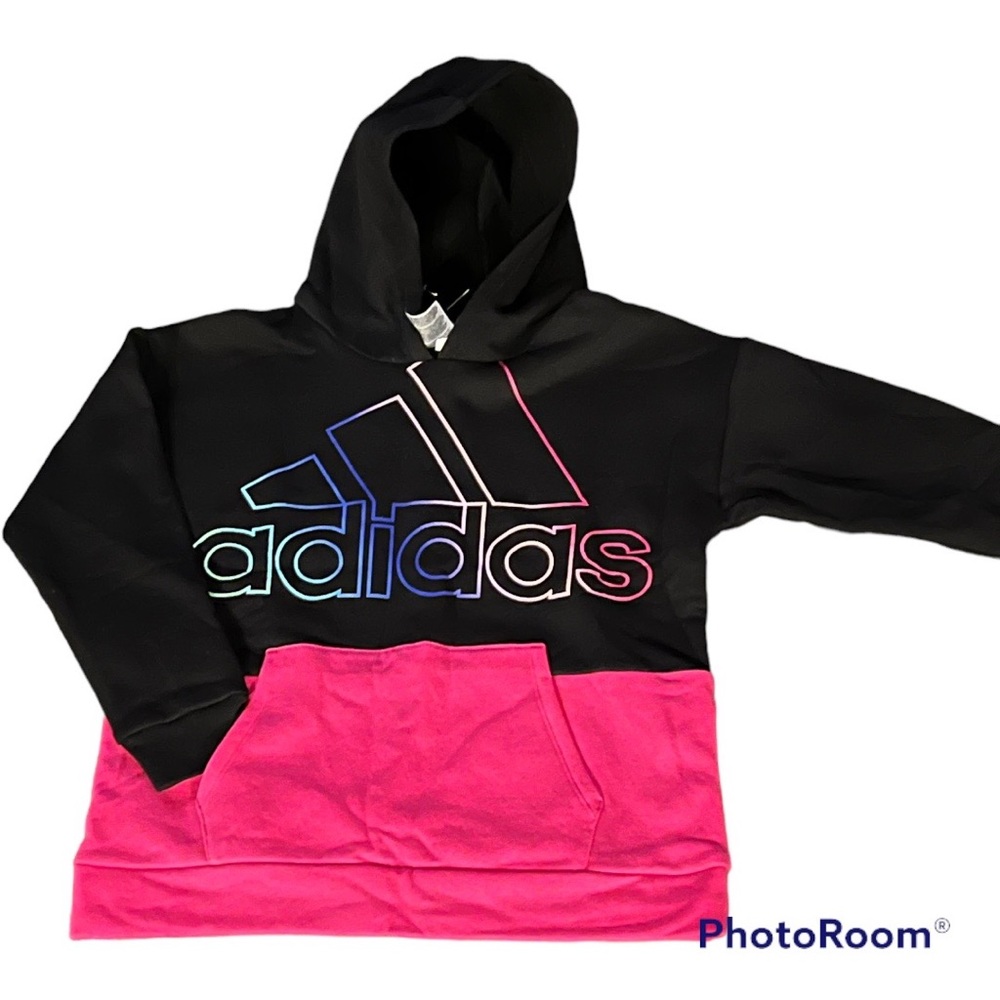 Adidas Logo fleece hoodie pullovers black multi big girls’ L Large 14 NEW NWT